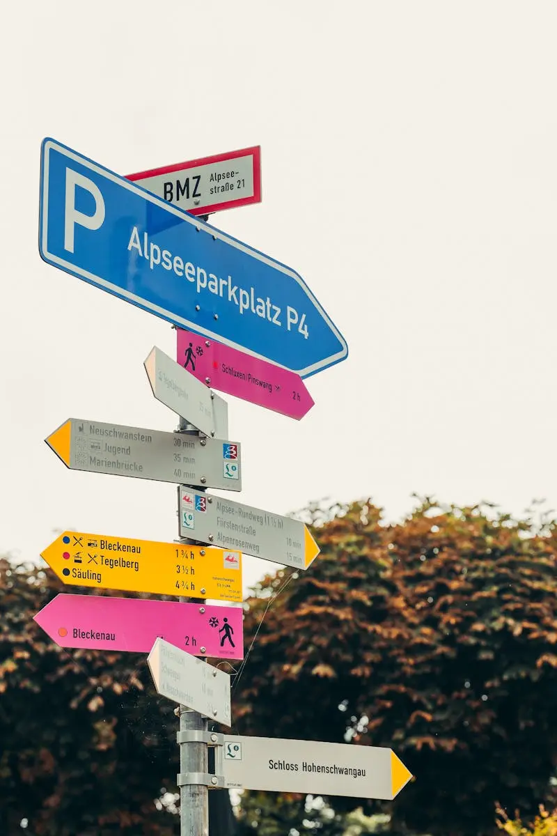 Colorful signposts guide travelers in Munich, Germany's outdoor spaces.